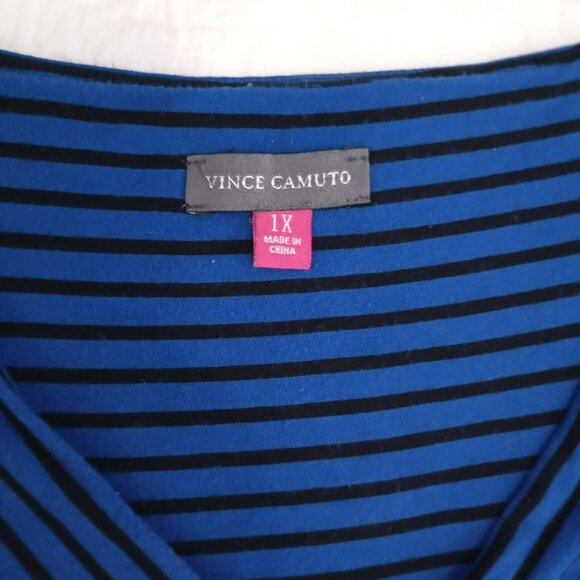 Vince Camuto Blue Black Striped Asymmetrical V-Neck Top 1X - Picture 2 of 7